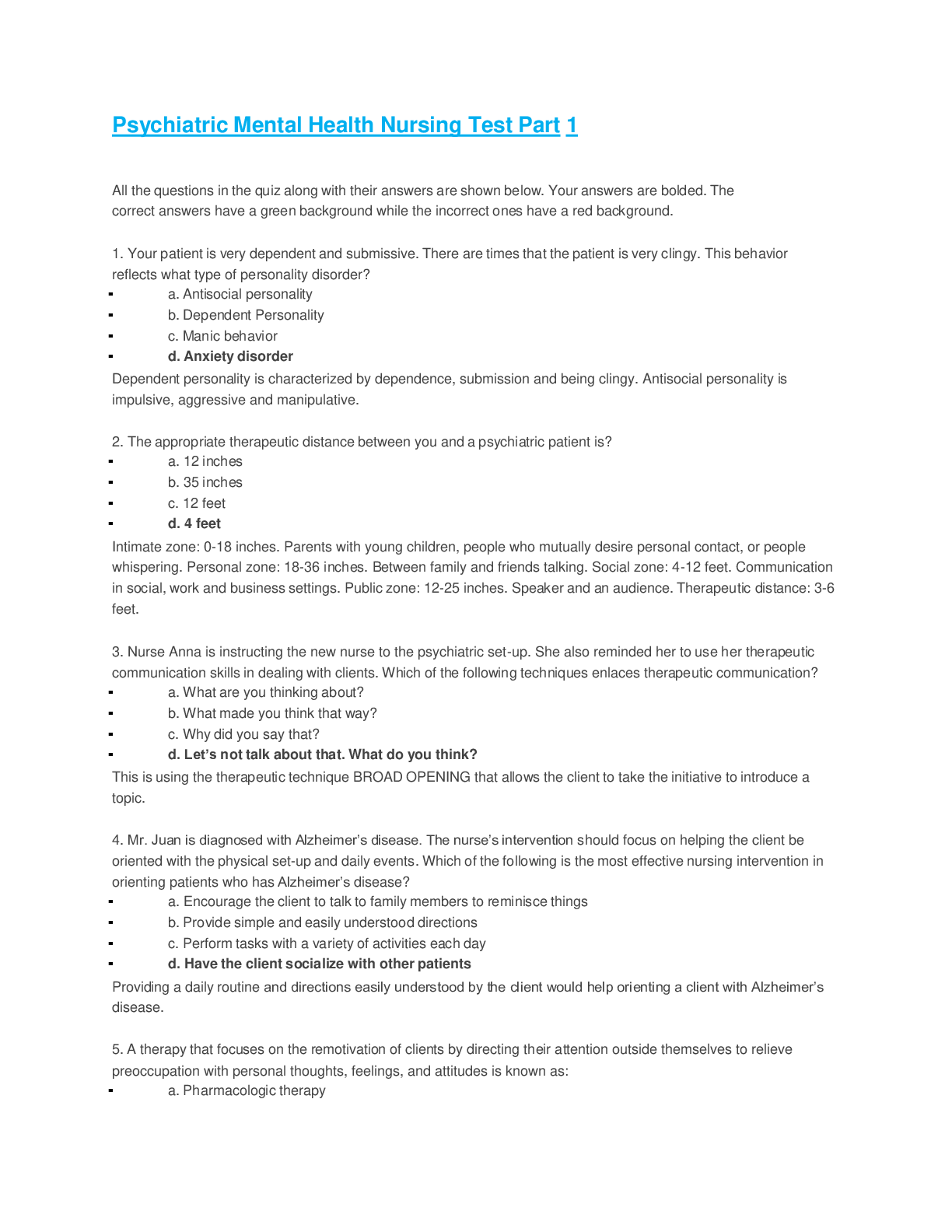 Nursing Board Review Psychiatric Nursing Practice Test Part 2 QUESTIONS AND ANSWERS GRADED A